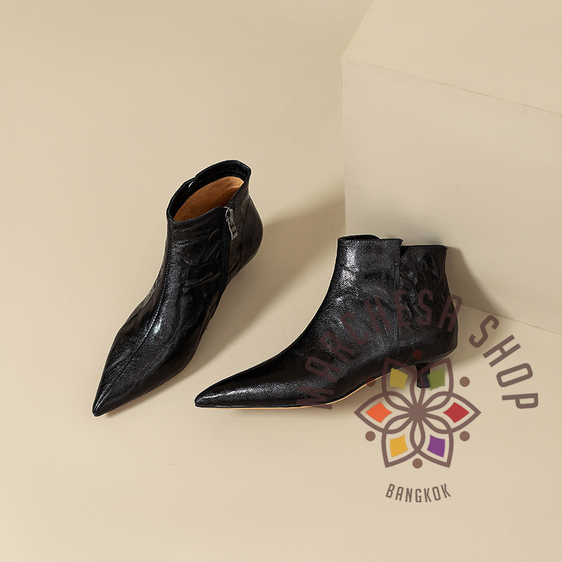 S3158 - 純色純頭層牛皮側小V口低踭踝靴