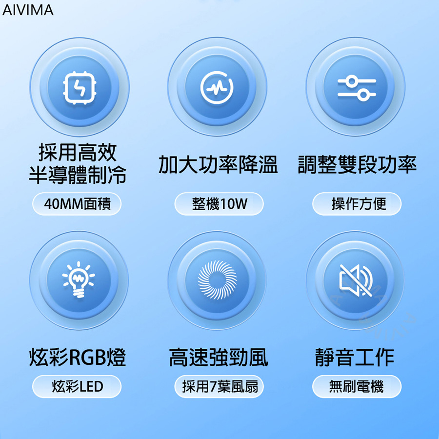 【AIVIMA】手機半導體散熱器  背夾式 / USB TYP-EC供電 /雙段功率調節  / 環形散熱 / 鋁合金散熱鰭片 / 適用各大品牌手機85MM內 / 10W功率 / 高性能半導體材料/採用高效半導體  40MM面積 加大功率降溫  操作方便 炫彩LED 採用7葉風扇 無刷電機