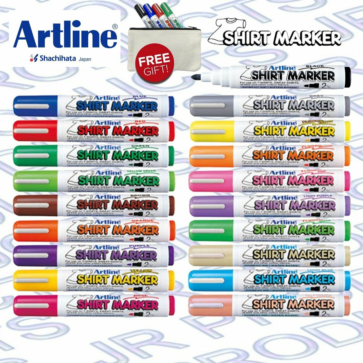 Artline - 日本雅麗牌 EKT-2 防水T恤繪畫筆(19支), 全套19色系列《加送4"X7"麻布DIY繪圖筆袋》