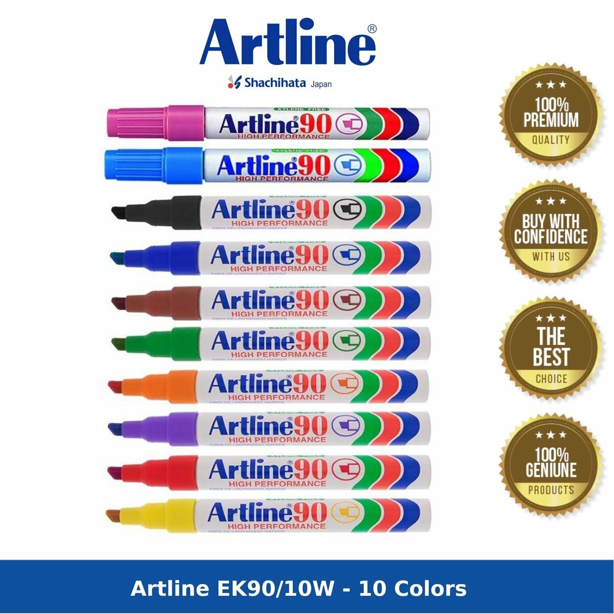 Artline - 日本雅麗牌 EK-90 經典方頭油性記號筆 (10支/套裝), 10色