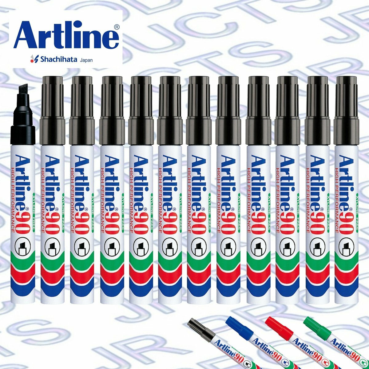 Artline - 日本雅麗牌 EK-90 經典方頭油性記號筆 (12支/盒裝), 黑色 / 紅色 / 藍色 / 綠色