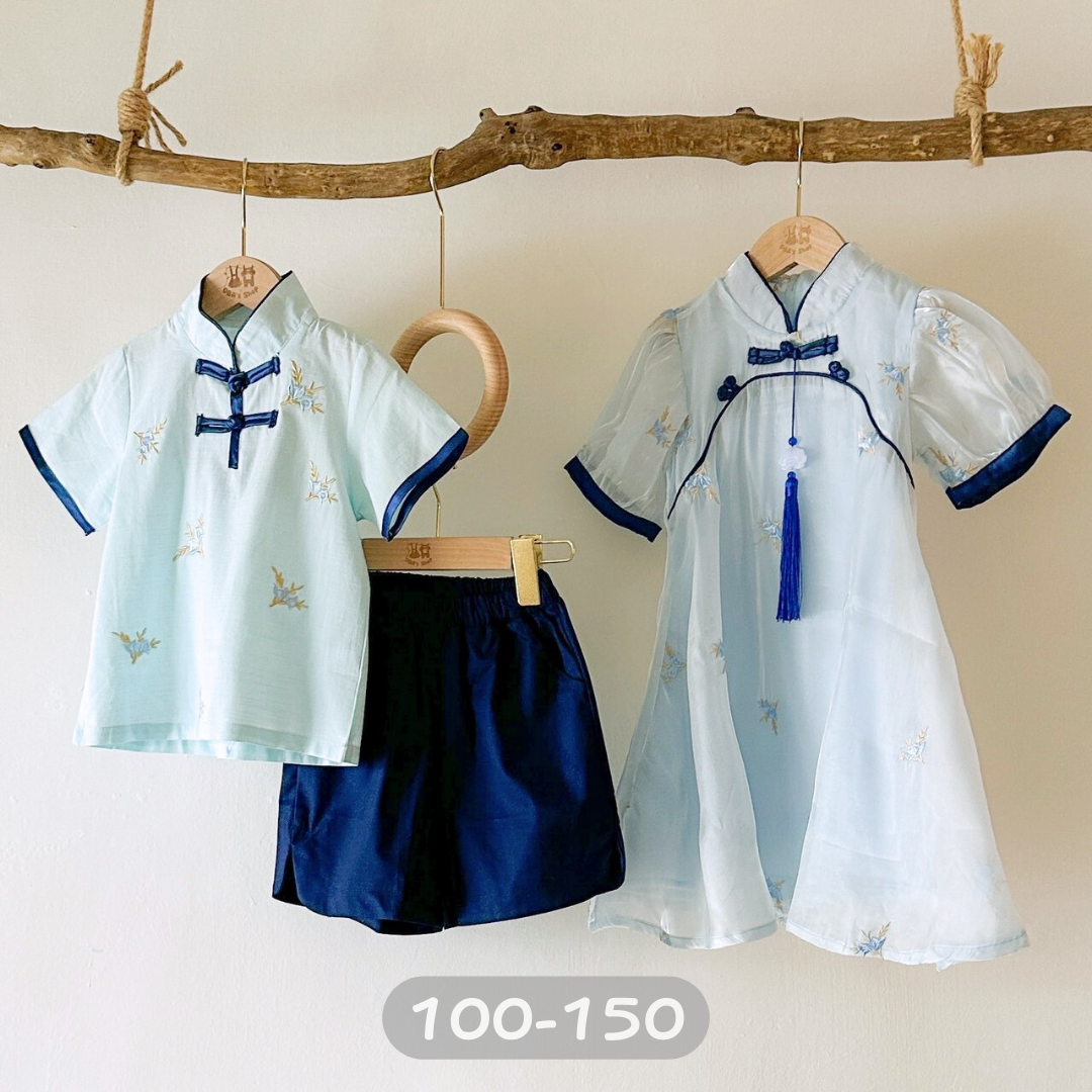 【限量】中國風淡藍小花套裝/洋裝 MF