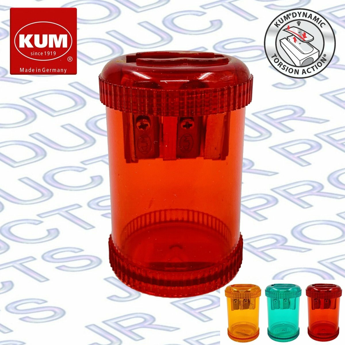 KUM - 德國 鎂合金 雙孔桶式 鉛筆刨 連筆碎容器, 紅色/橙色/綠色