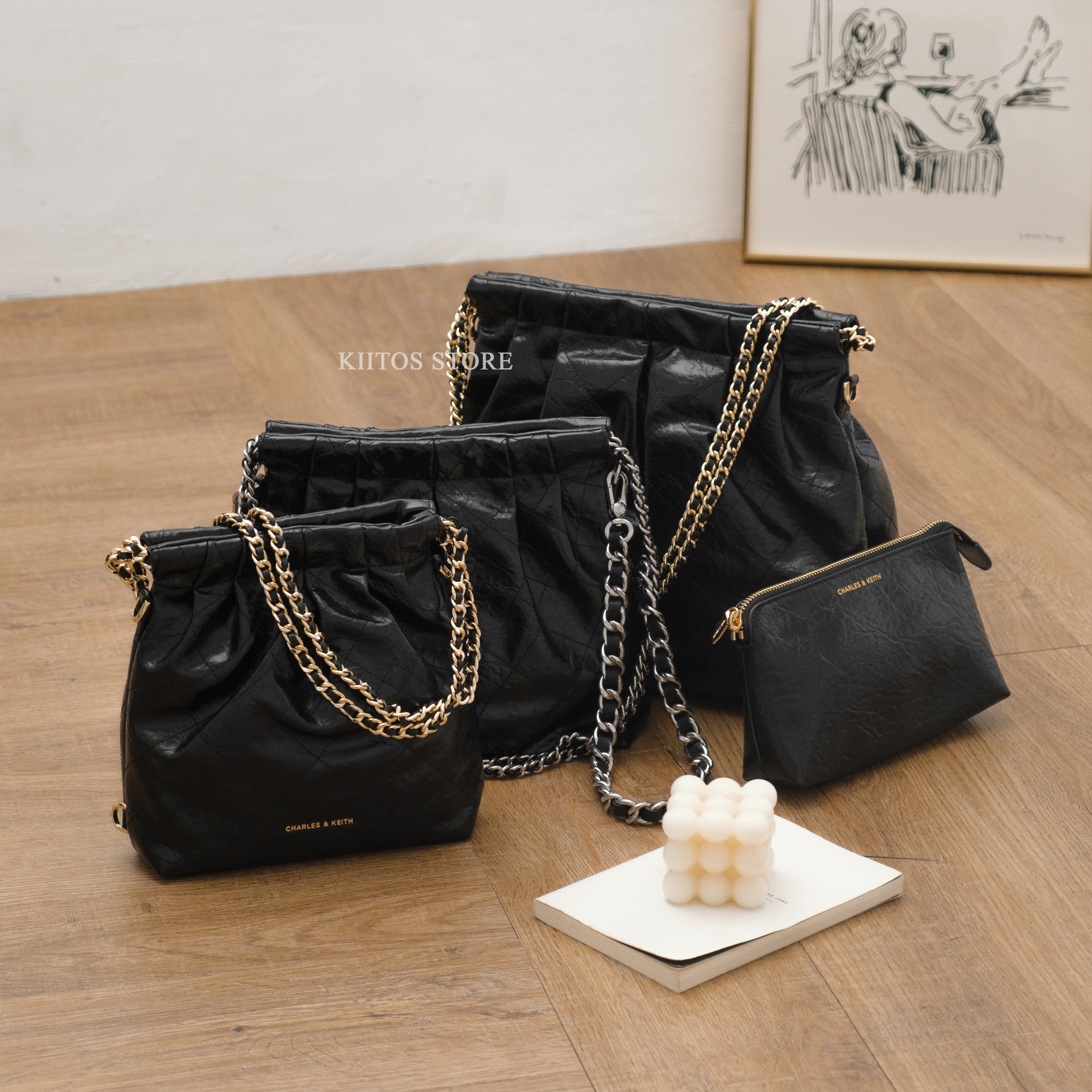 【現貨】 Charles&Keith Duo 細鍊抓皺流浪包 小CK