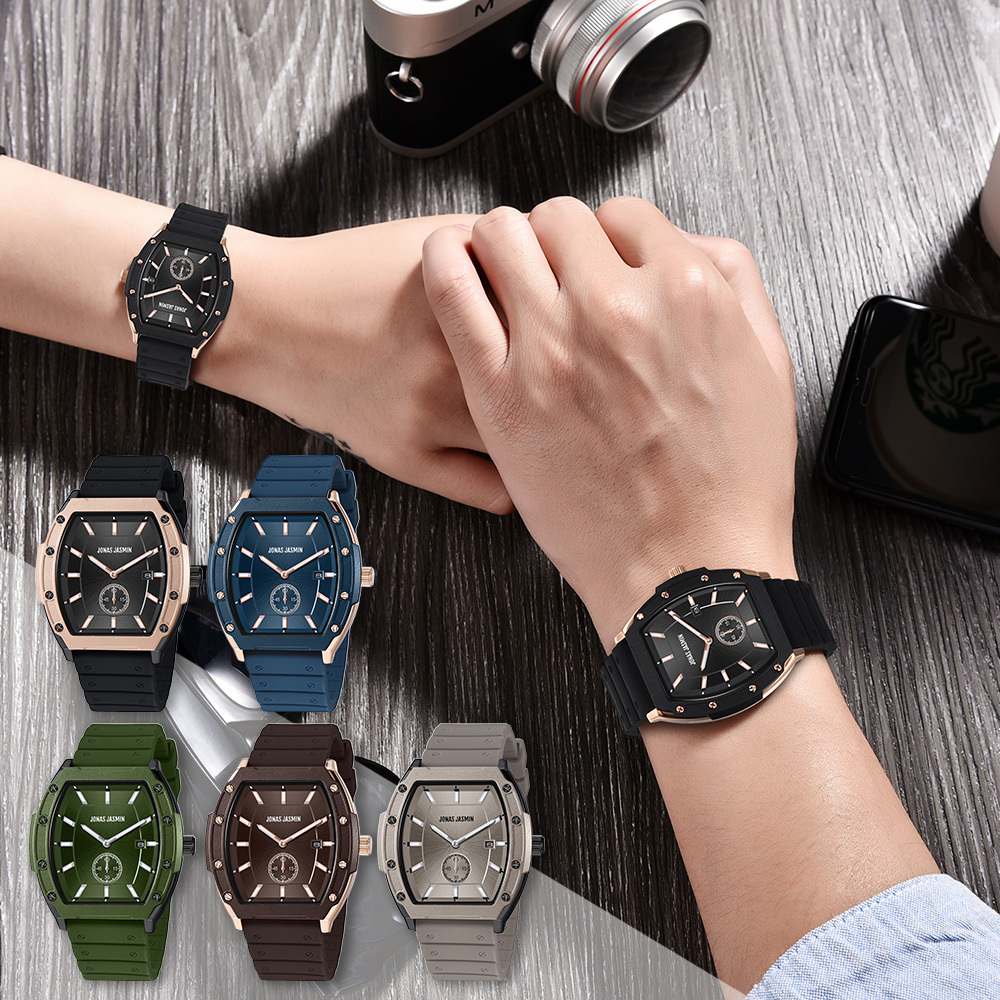 【Jonas Jasmin 喬納斯】JJ-5344M 亮麗配色夜光男款矽膠情侶必備石英錶