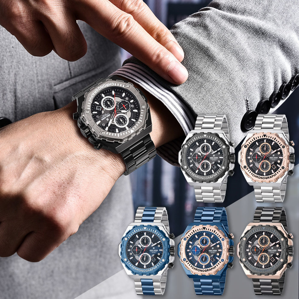 【Jonas Jasmin 喬納斯】JJ-5349MC 真三眼夜光帶日期簡約時尚男款不鏽鋼石英錶