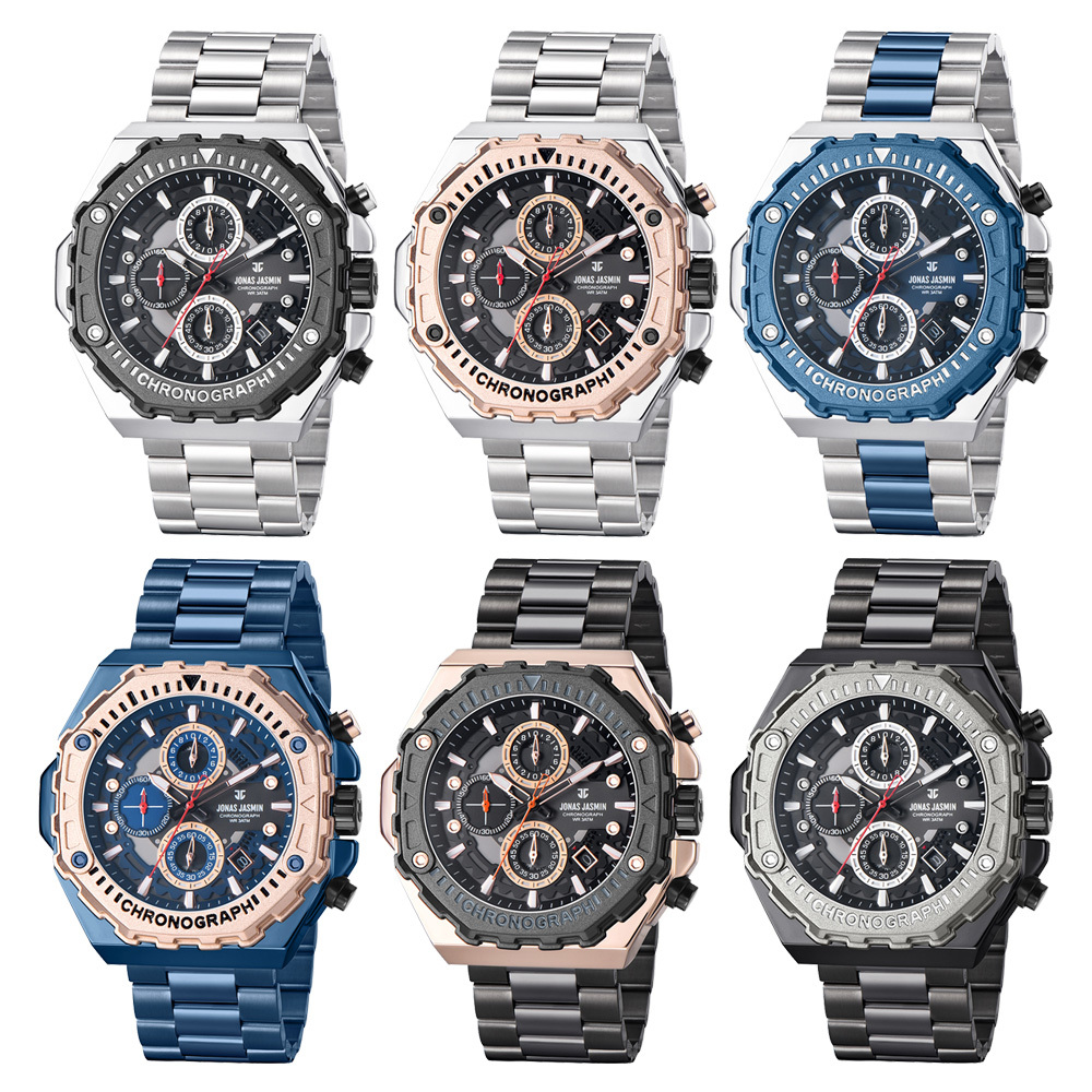 【Jonas Jasmin 喬納斯】JJ-5349MC 真三眼夜光帶日期簡約時尚男款不鏽鋼石英錶