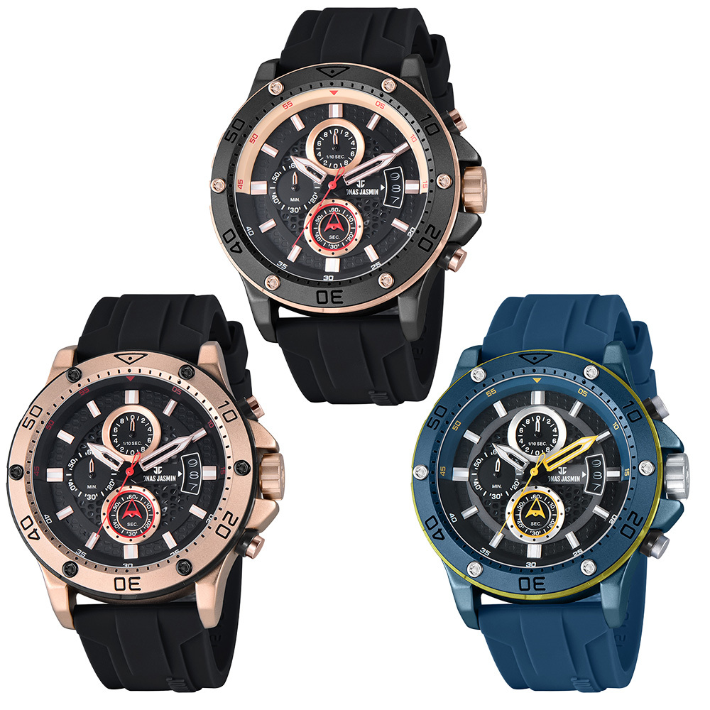 【Jonas Jasmin 喬納斯】JJ-5351M 亮麗配色夜光帶日期男款矽膠石英錶