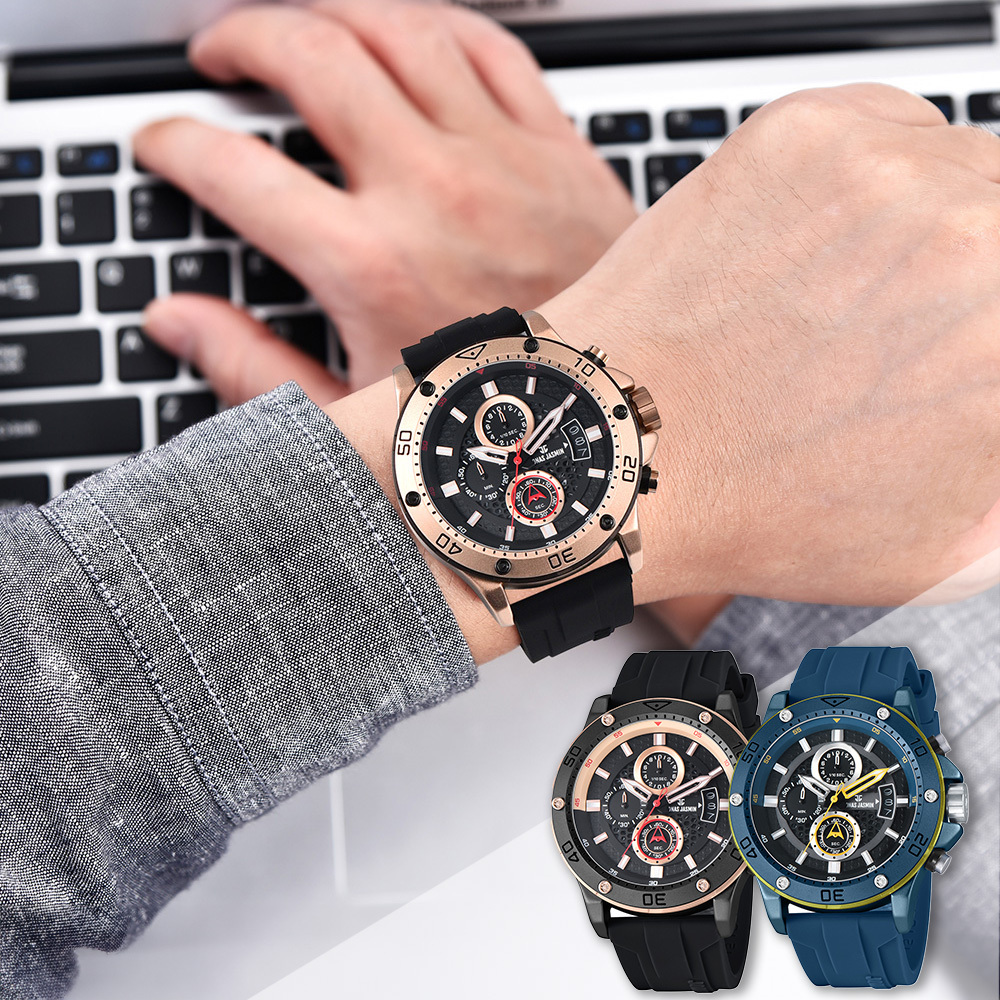 【Jonas Jasmin 喬納斯】JJ-5351M 亮麗配色夜光帶日期男款矽膠石英錶