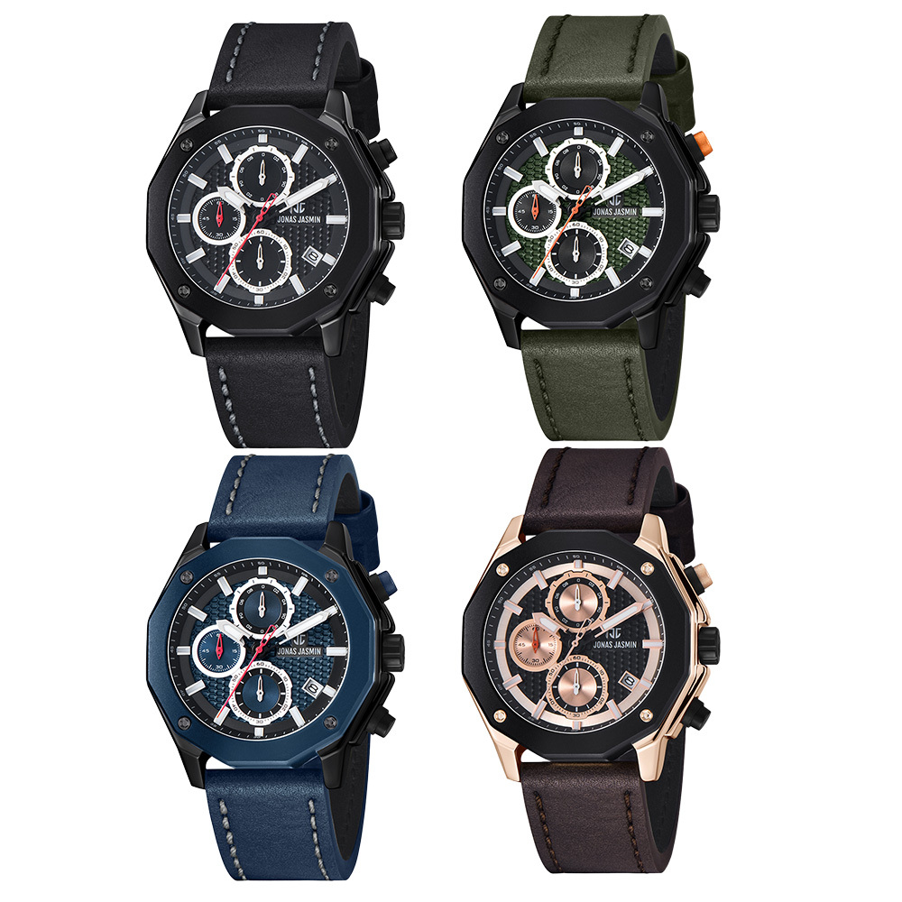 【Jonas Jasmin 喬納斯】JJ-5354MC 亮麗配色夜光帶日期男款皮革石英錶