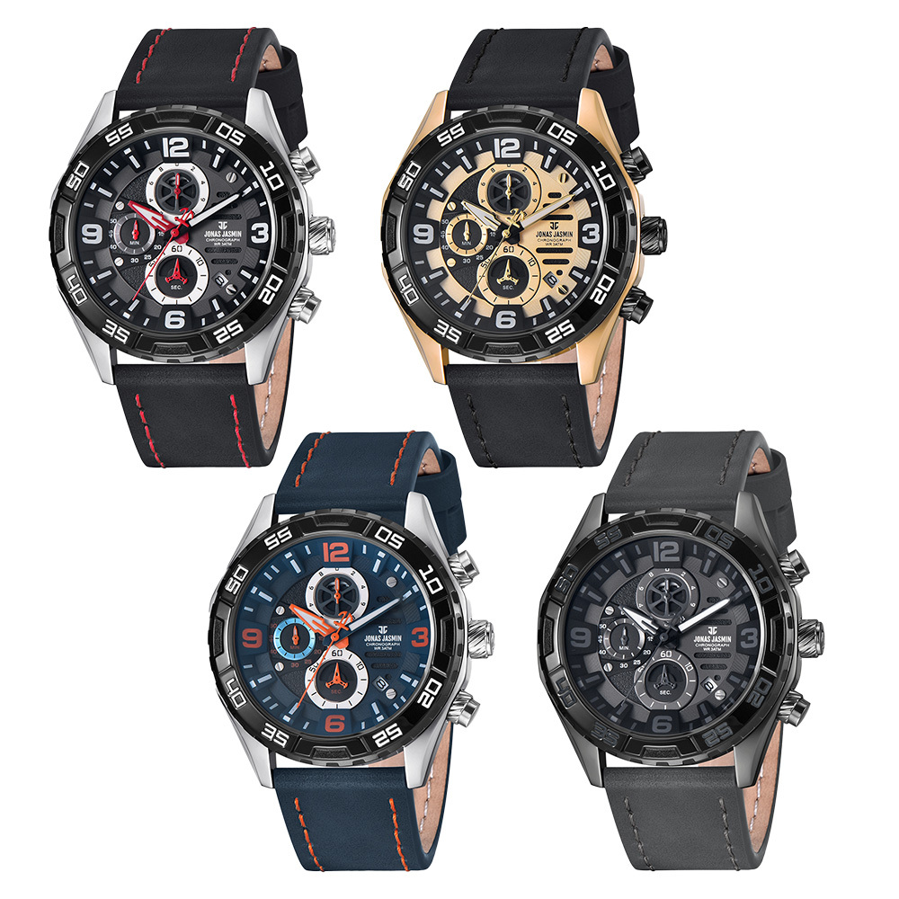 【Jonas Jasmin 喬納斯】JJ-5373MC 紳士 真三眼 帶日期 夜光 男款 皮革 石英錶