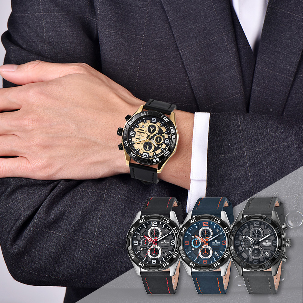 【Jonas Jasmin 喬納斯】JJ-5373MC 紳士 真三眼 帶日期 夜光 男款 皮革 石英錶