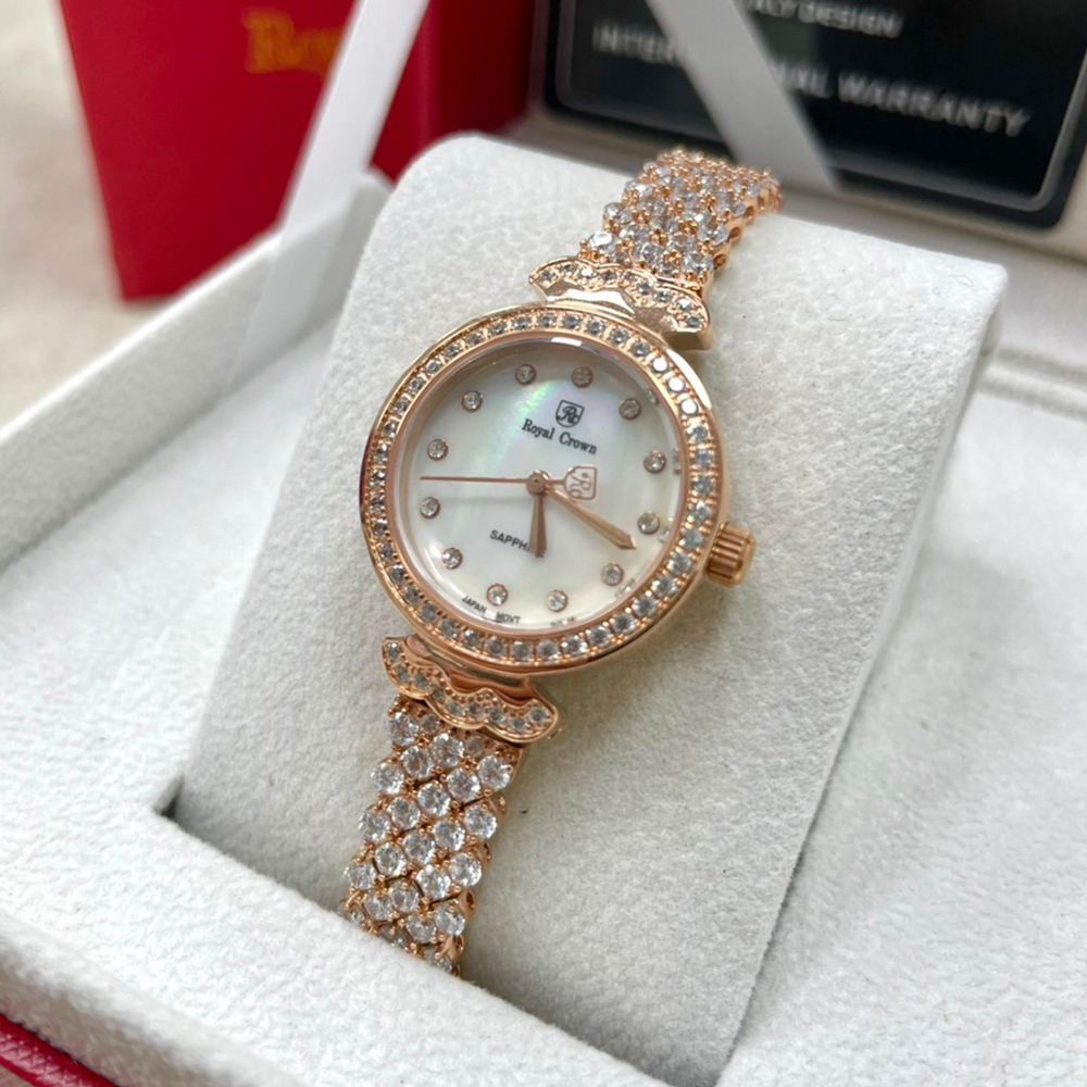 【Royal Crown】 滿鑽錶圈 貝殼錶盤 晶鑽小時標 滿鑽造型 不鏽鋼腕錶