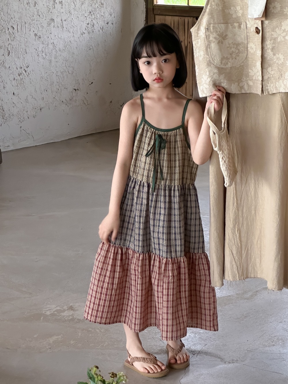 三色格子拼接洋裝