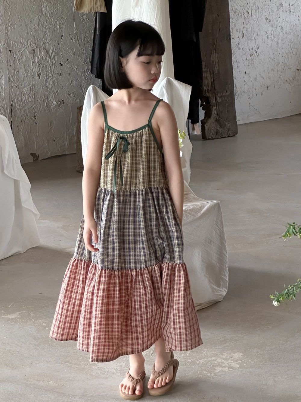 三色格子拼接洋裝