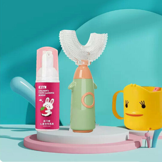 爆款寶寶U型手動牙刷【6-12歲】小火箭綠+慕斯牙膏+漱口杯】