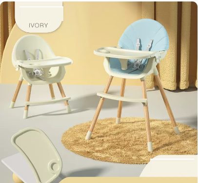Popular baby dining chair (luxury model with height adjustable ivory white [blue PU leather cushion + double-layered dinner plate])