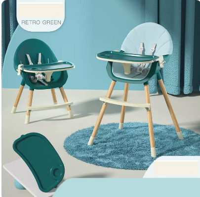 Popular baby dining chair (luxury height-adjustable vintage green [blue PU leather cushion + green dinner plate])