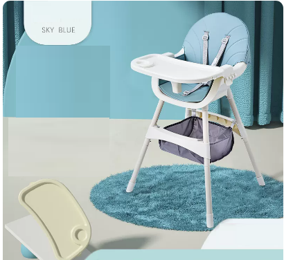 Popular baby dining chair (flagship pedal reinforced sky blue [double-layer dinner plate + PU leather cushion + storage basket])