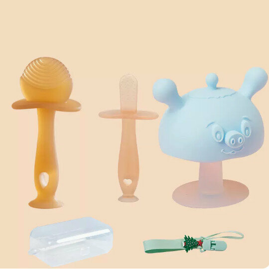 爆款嬰兒磨牙膠/磨牙棒【波紋棒+磨牙棒+小豬 帶防掉鏈+收納盒】