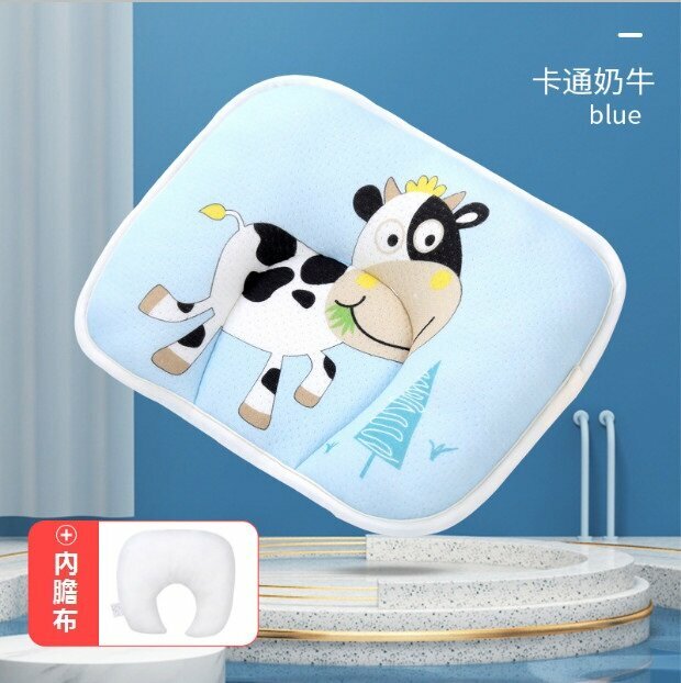 Popular baby pillow, anti-biased baby shaped pillow, cotton cartoon breathable newborn pillow (blue cartoon cow with bile core) (28*20cm)