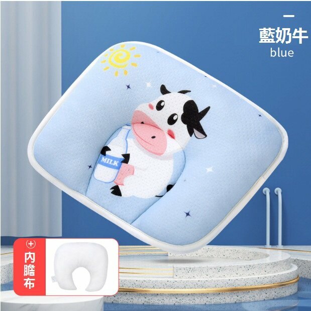Popular baby pillow, anti-biased baby shaped pillow, cotton cartoon cartoon breathable newborn pillow (blue cow (with gall core) (28*20cm)