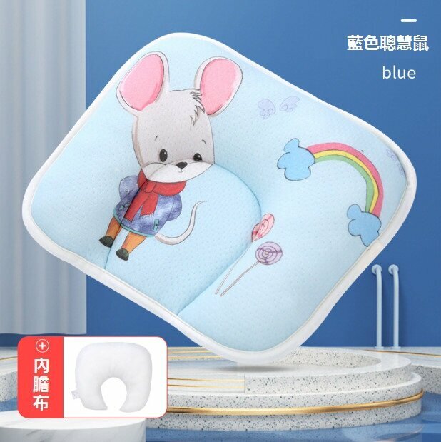 Popular baby pillow, anti-biased baby shaped pillow, cotton cartoon cartoon breathable newborn pillow (blue smart mouse with bile core) (28*20cm)