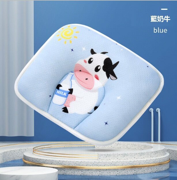 Popular baby pillow, anti-bias baby shaped pillow, cotton cartoon cartoon breathable newborn pillow (blue cow no bile core) (28*20cm)