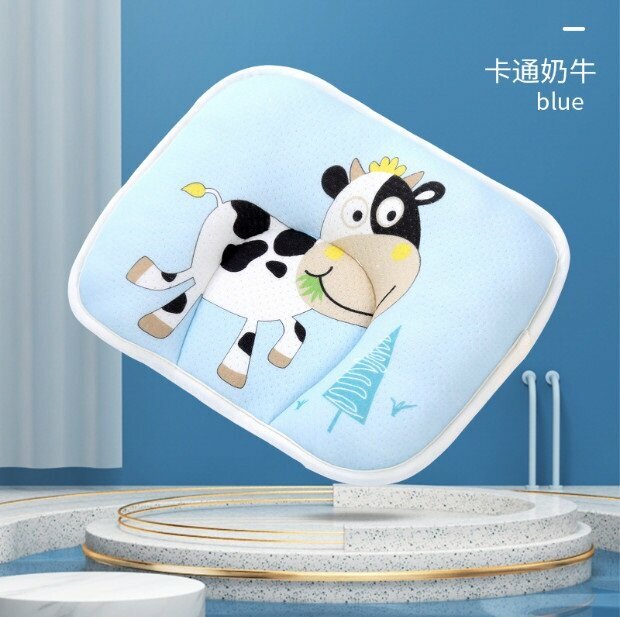 Popular baby pillow, anti-bias baby shaped pillow, cotton cartoon breathable newborn pillow (blue cartoon cow without bile core) (28*20cm)