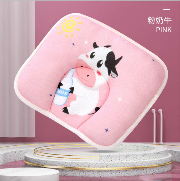 Popular baby pillow, anti-biased baby pillow, cotton cartoon cartoon breathable newborn pillow (pink cow without bile core) (28*20cm)