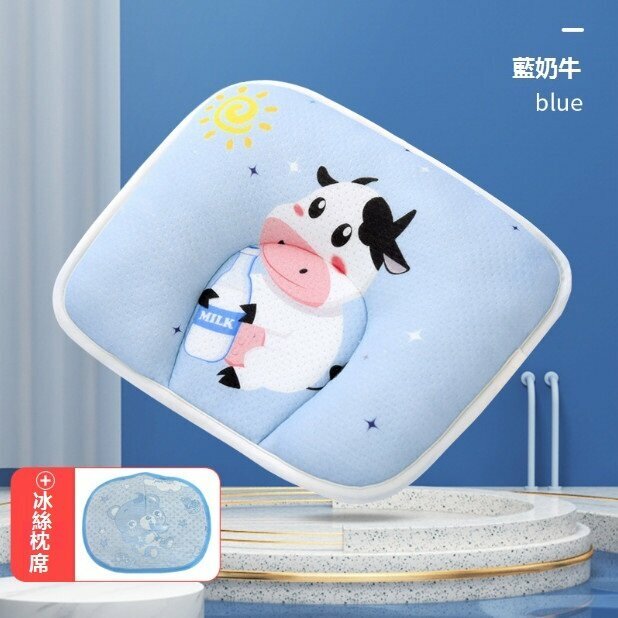 Popular baby pillow, anti-biased baby shaped pillow, cotton cartoon cartoon breathable newborn pillow (blue cow with bile core + mat surface) (28*20cm)