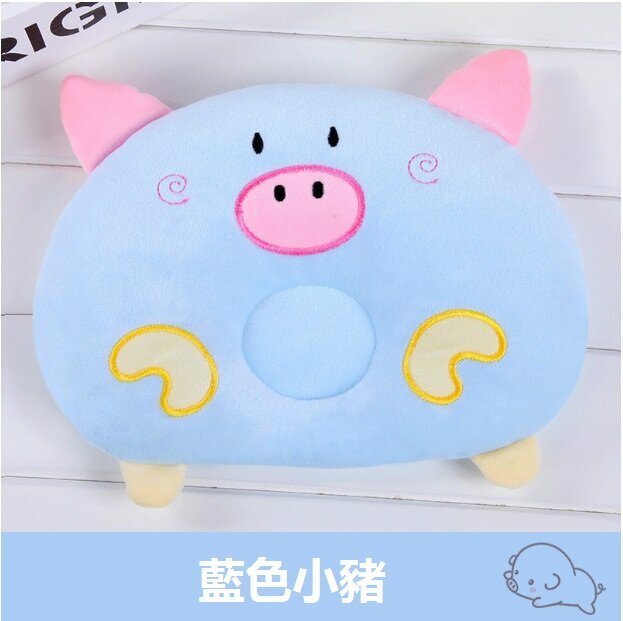 New baby pillow cartoon baby pig pillow to prevent head deflection (cute pig blue size 27*19)
