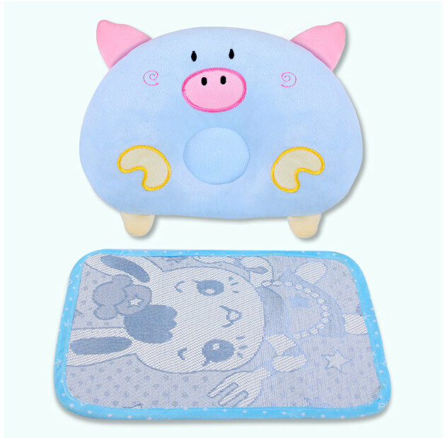 New baby pillow cartoon baby pig pillow to prevent head deflection (cute pig blue + mat size 27*19)