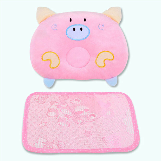 New baby pillow cartoon baby pig pillow to prevent head deflection (cute pig powder + mat size 27*19)