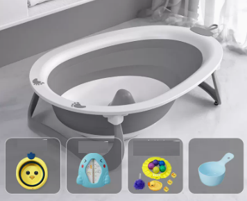New baby bath basin (gentleman gray + thermometer + small basin + bath gift package (free shampoo spoon)