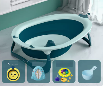 New baby bath basin (Lake blue + thermometer + small basin + bath gift package (free shampoo spoon))
