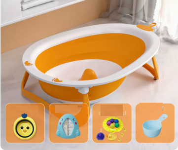 New baby bath basin (vital yellow + thermometer + small basin + bath gift package (free shampoo spoon))