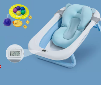 New baby bathtub ([thickened] sky blue - bathtub + thermometer + gift package + bath bed)