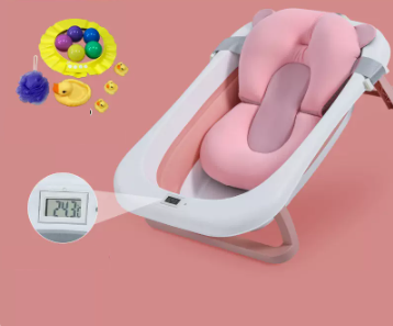 New baby bathtub ([thickened] cherry blossom pink - bathtub + thermometer + gift package + bath bed)