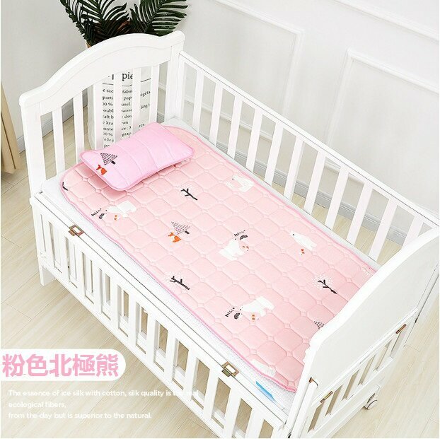Popular baby mat ice silk latex sweat-absorbent and breathable crib mat cartoon washable children's mat (pink polar bear + pillow size: 100*56)