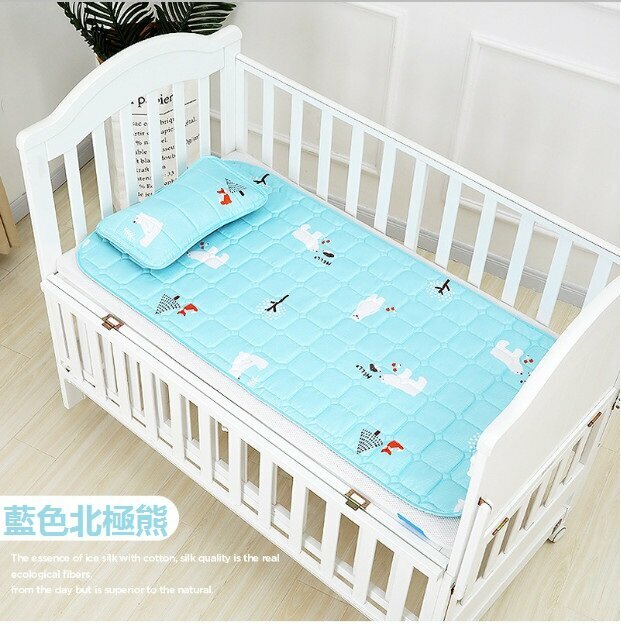Popular baby mat ice silk latex sweat-absorbent and breathable crib mat cartoon washable children's mat (blue polar bear + pillow size: 120*60)