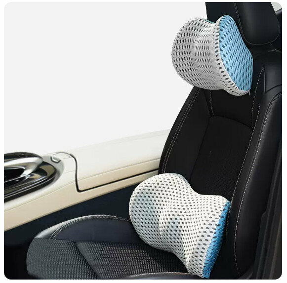 Hot recommended car back cushion and lumbar cushion [4D mesh gray and blue color matching (headrest + lumbar support)]
