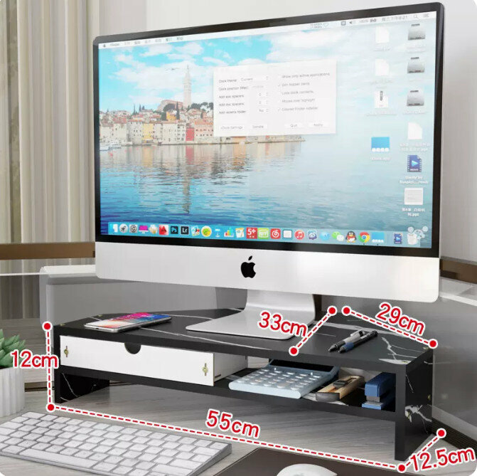 Hot-recommended desk computer monitor elevated stand (double-layer black marble color matching with drawers)