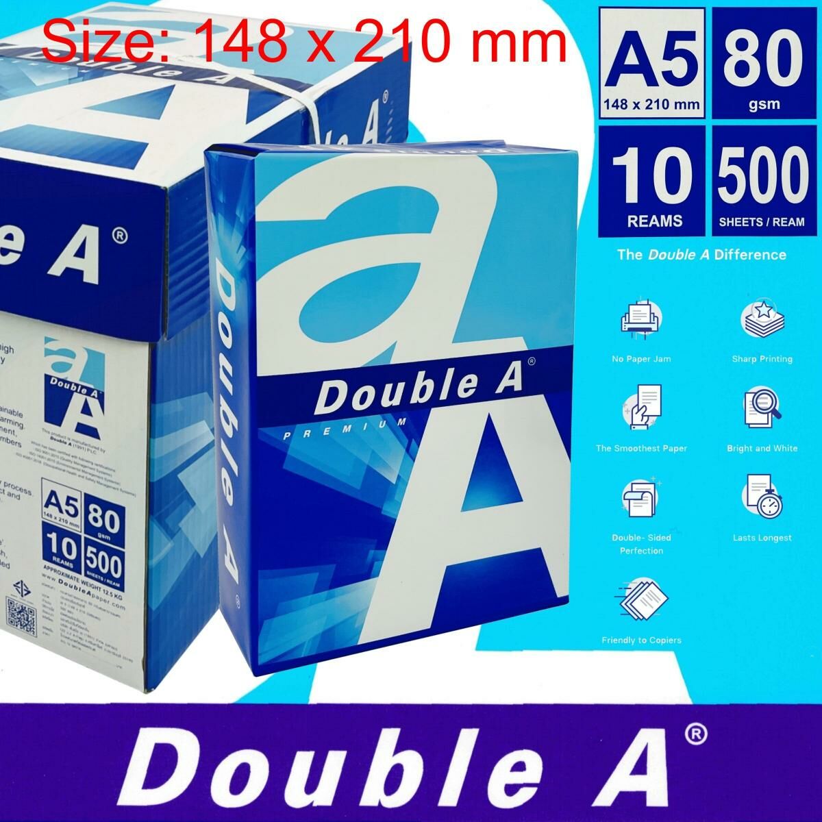 Double A - 【箱裝】80克 *A5* 白影印紙 "DOUBLE A" (5,000張) 10包 (A5 尺寸: 148mm x 210mm) a5紙