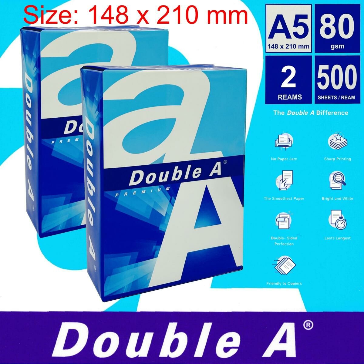Double A - 80克 *A5* 白影印紙 "DOUBLE A" - 500張x2包(1,000張) (A5 尺寸: 148mm x 210mm) a5紙