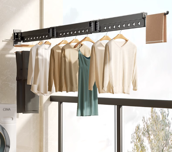 Hot push folding clothes drying rack (black 4 sections - can be flipped up) (specification: 204*6*11CM)
