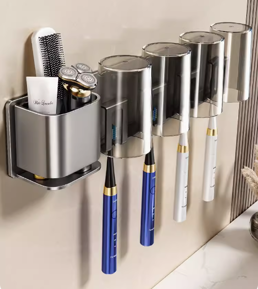 Hotly recommended multi-toothbrush cup holder with storage frame (gun gray/four-person toothbrush holder + 4 cups) (Specification: 41*8*6CM)