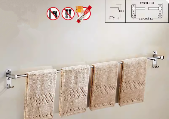 Hot push 304 stainless steel single pole with hook (120CM installation without drilling) (Specification: 120*10.5*7CM)