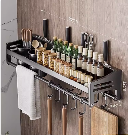 Hot push stainless steel kitchen shelf (4 knife slots + 10 hooks + double cups) (Specification: 60*12*13.4CM)