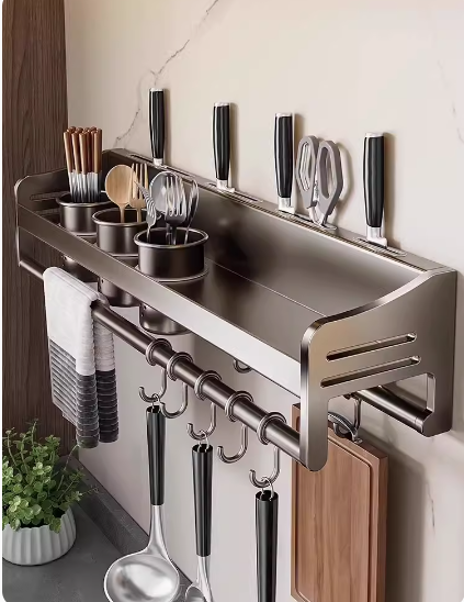 Hot push stainless steel kitchen shelf (4 knife slots + 12 hooks + three cups) (Specification: 70*12*13.4CM)